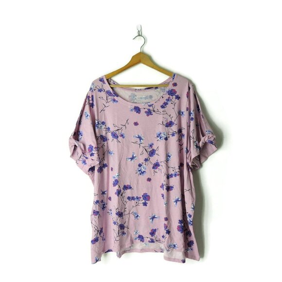 Woman Within 3X 30 32 plus open shoulder t-shirt knit top floral butterflies - Picture 1 of 11